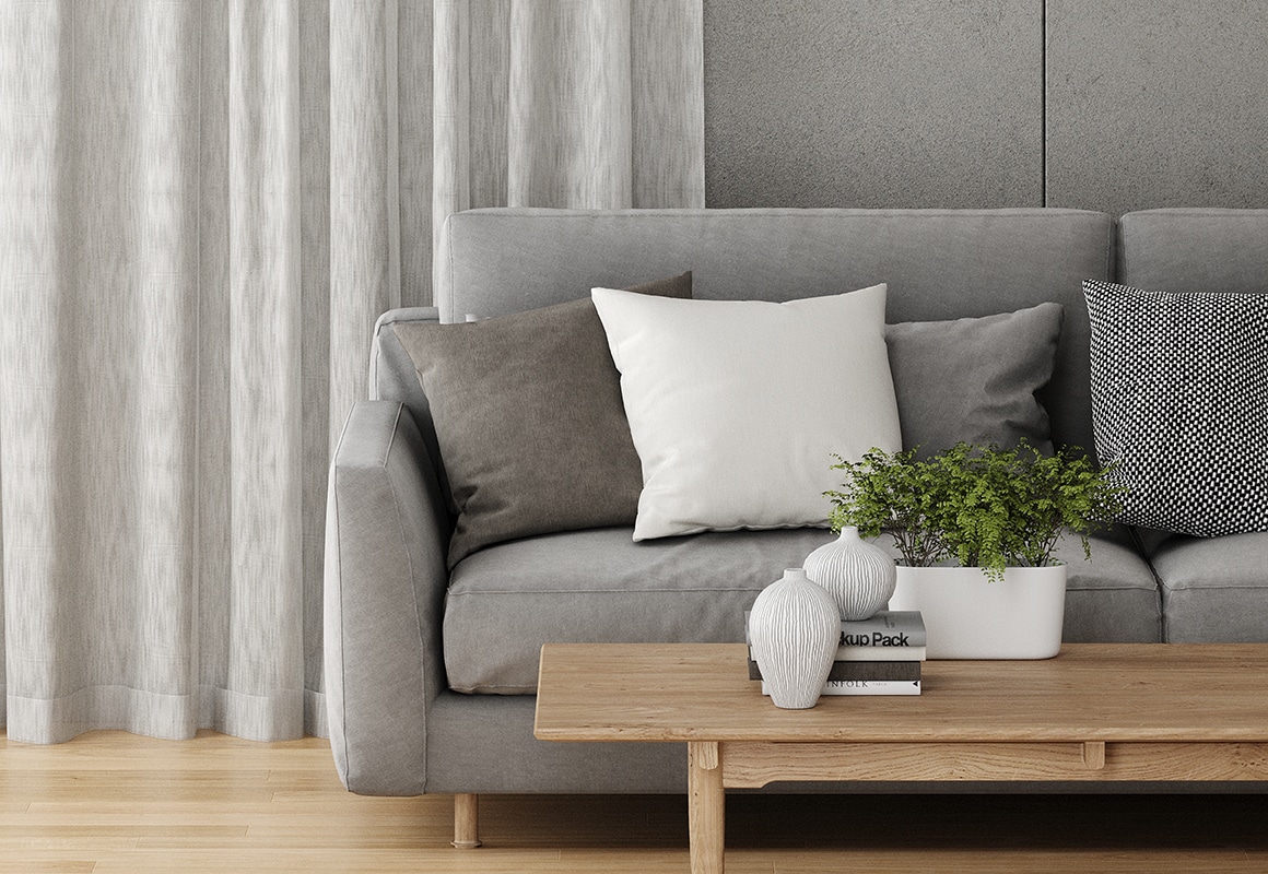 white eco sheer curtains in modern lounge room on grey walls
