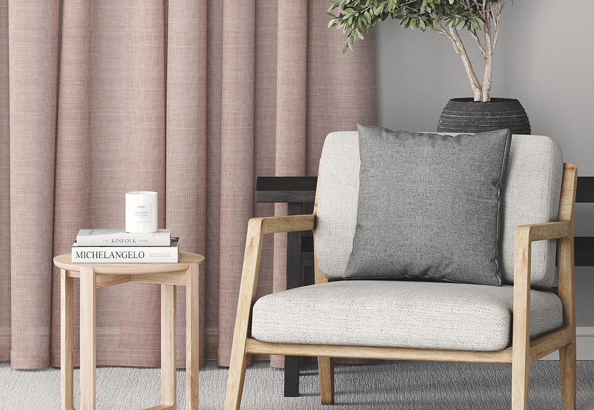 pink textured curtains in modern calm lounge room on grey walls