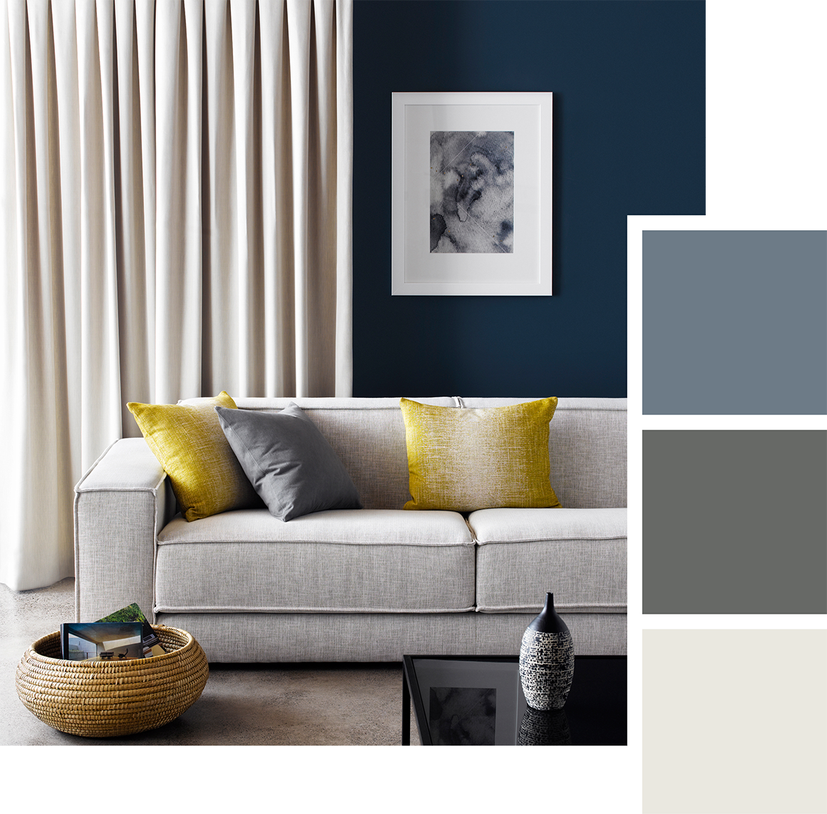 white curtains in modern lounge room on dark blue walls