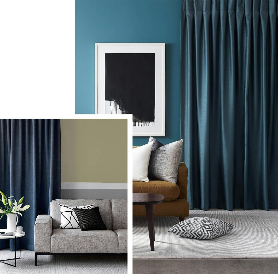 various blue curtains in contemporary lounge scenes