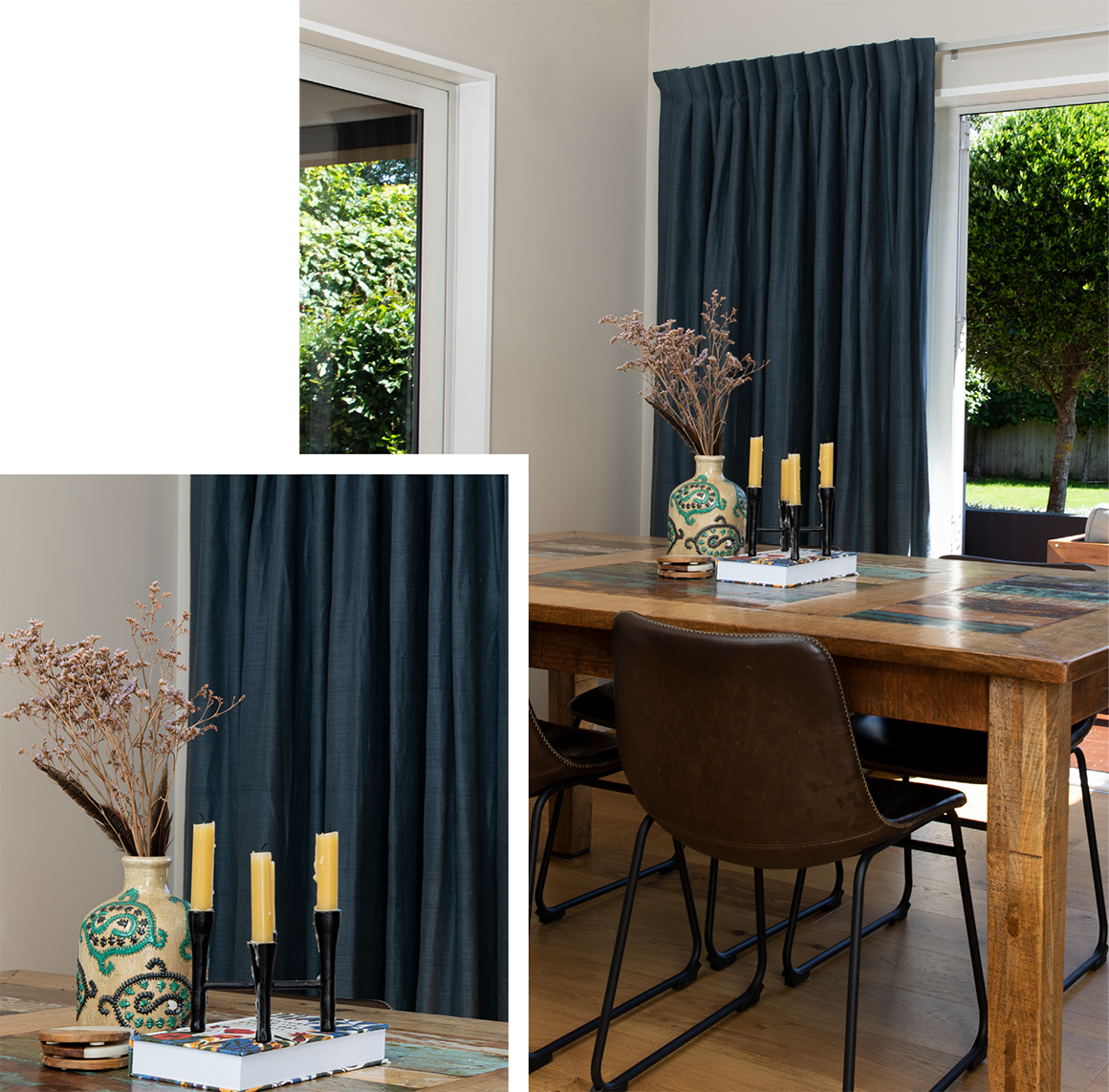 navy blue curtains in contemporary dining room on off white walls