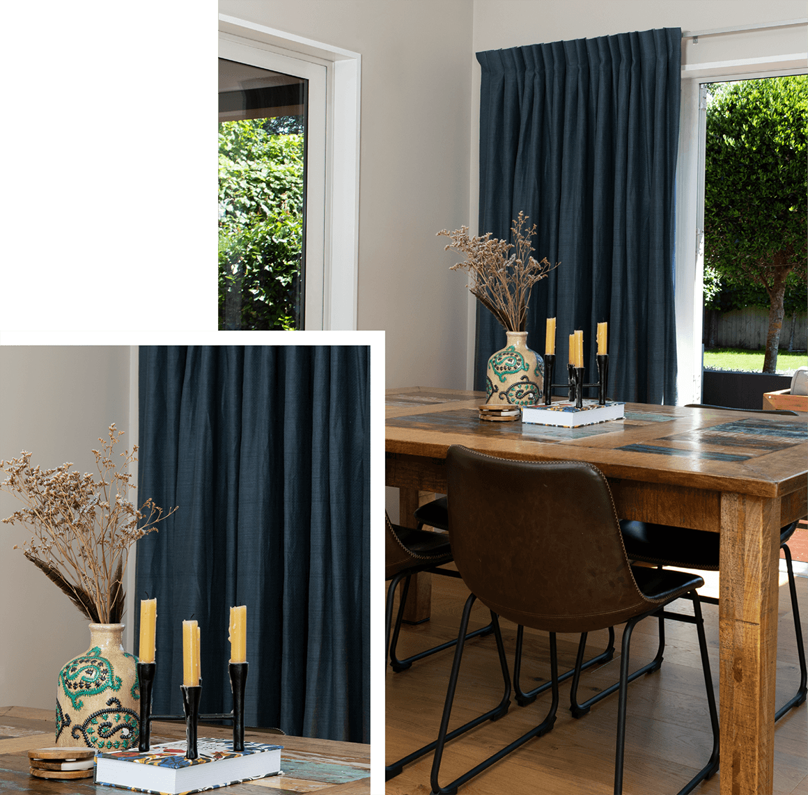 navy blue curtains in contemporary dining room on off white walls