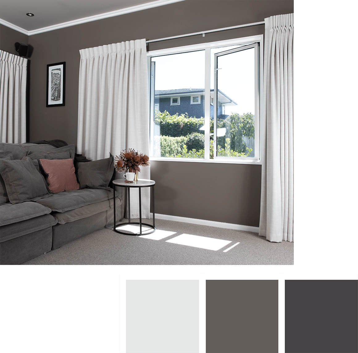 white curtains in contemporary lounge room on mauve brown walls