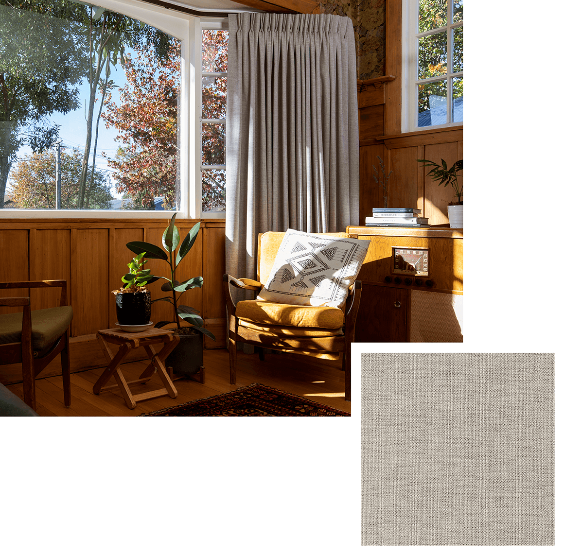 Grey curtains in sunny vintage lounge room with bay windows on retro wood walls