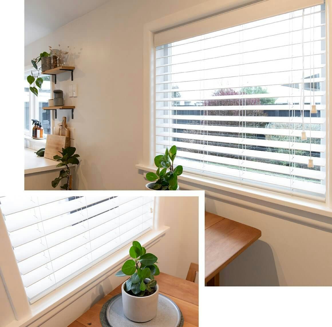 Dining room with with venetian blinds on white walls