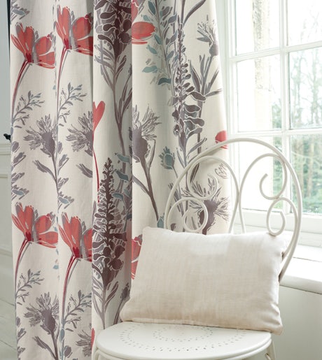 red grey and white floral branch foliage leaf pattern curtains in vintage chic room on white walls