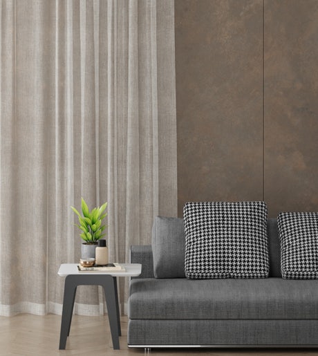 sand beige eco sheer curtains in modern lounge on brown walls