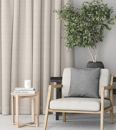 off white curtains in calm modern lounge room on light grey wall