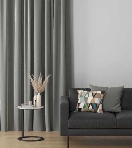 grey curtains in modern lounge on white walls