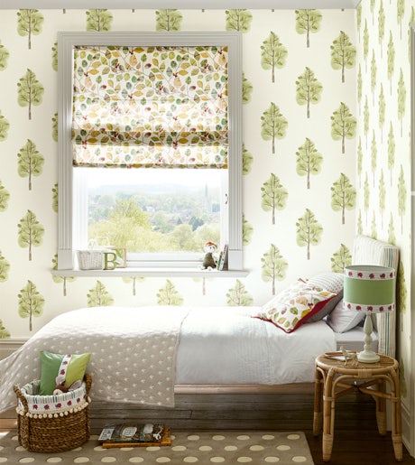 green gold red white ladybug leaf pattern roman blinds in cute childrens room on green tree wallpaper walls