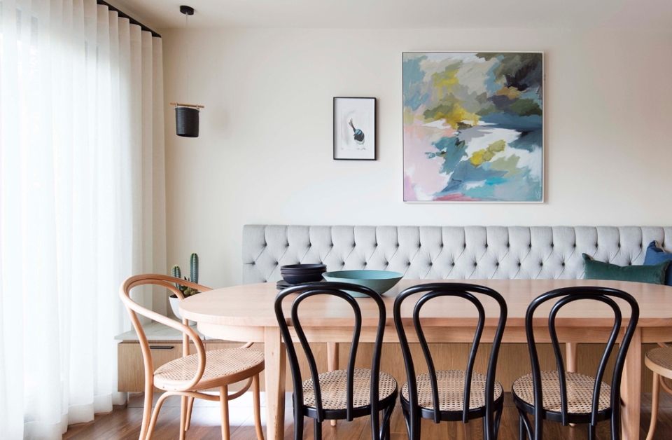 Dining room table an chair with sheer curtains nz on window - Nettex Cannes Pearl