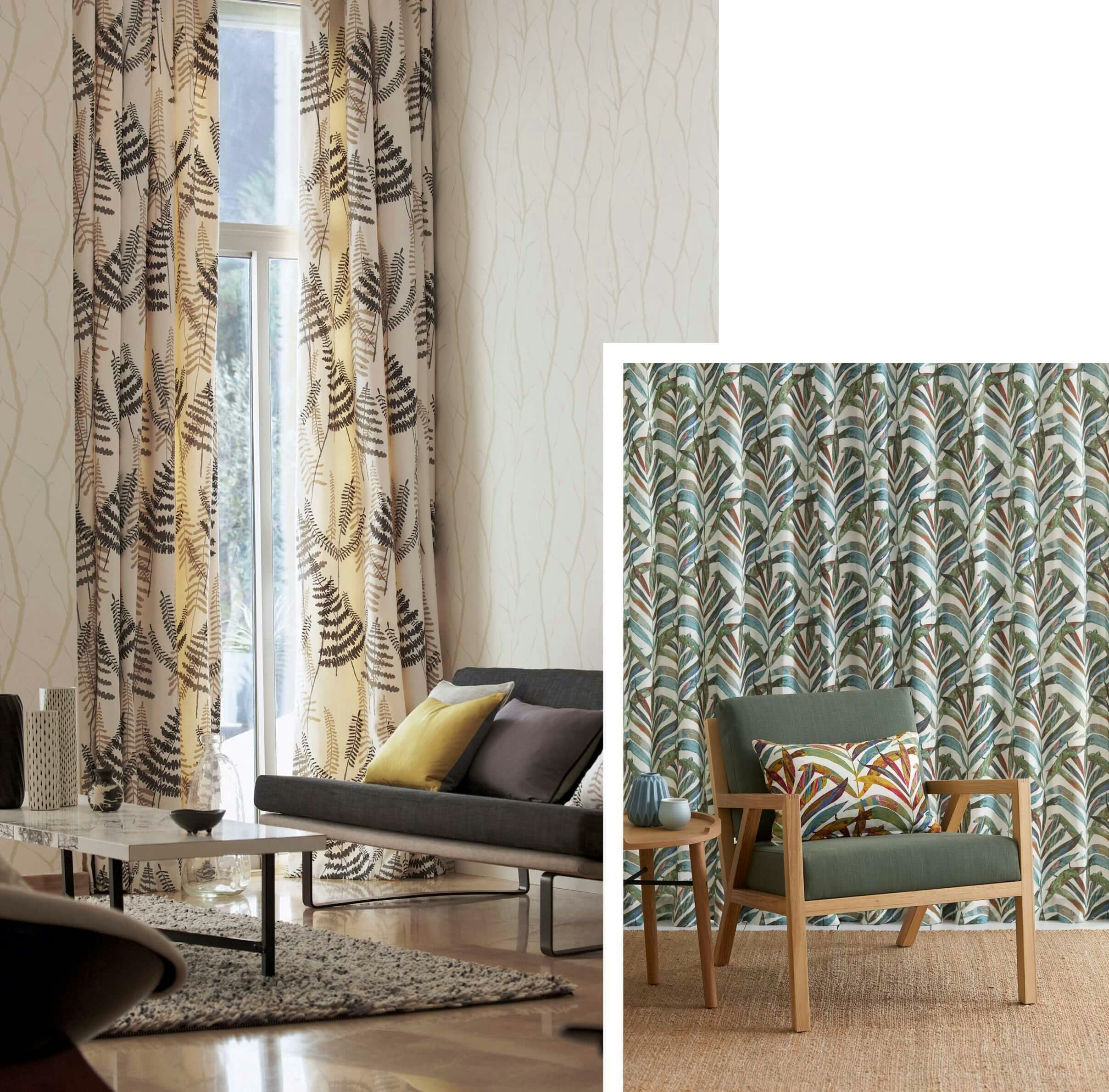 various foliage pattern curtains in modern contemporary lounge rooms on white timber walls