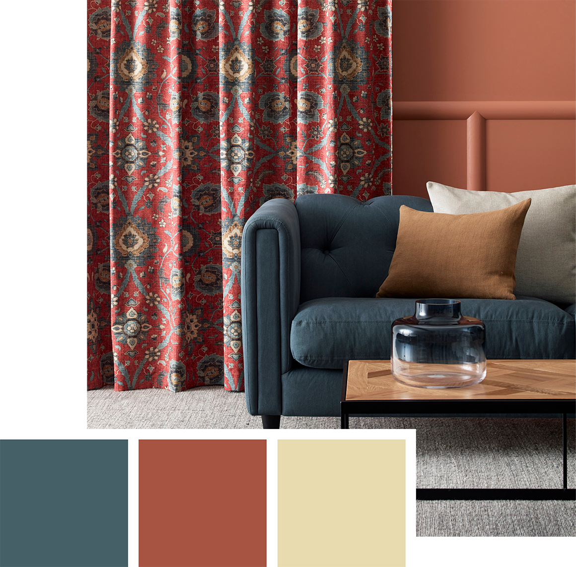 red navy blue brown decorative pattern curtains in contemporary lounge room on tan brown walls