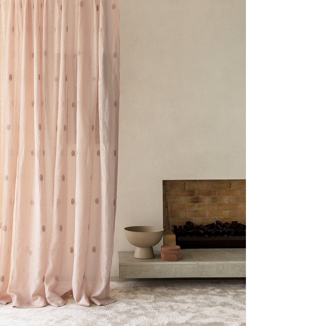 pink spotted sheer curtains in contemporary room on beige walls