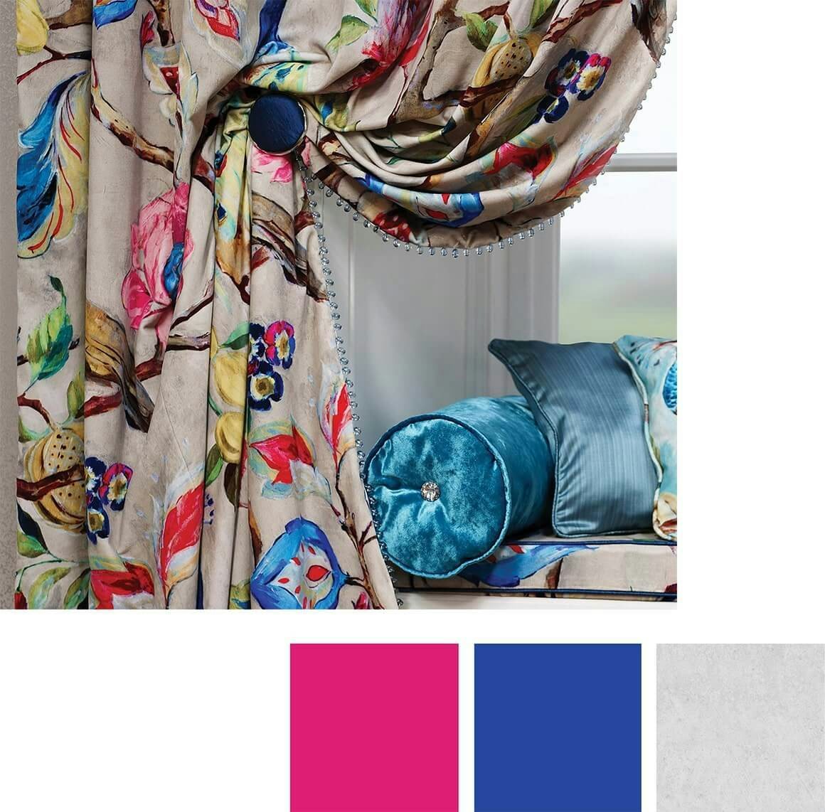 pink blue grey bird pattern curtains closeup