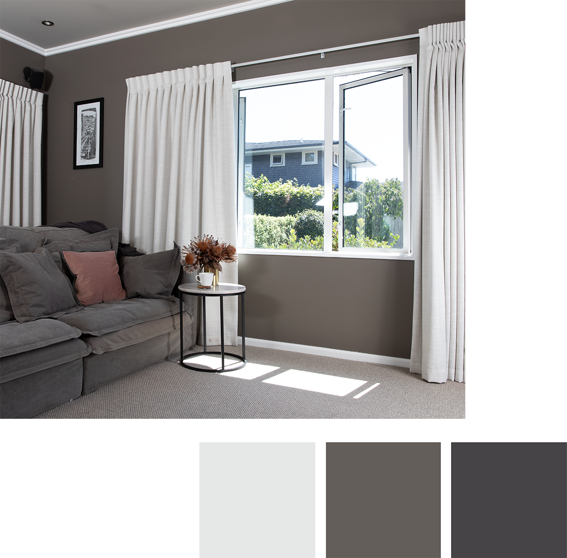 white curtains in contemporary lounge room on mauve brown walls