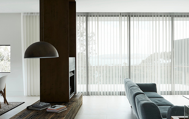 white vertical blinds in contemporary luxury lounge room on white walls