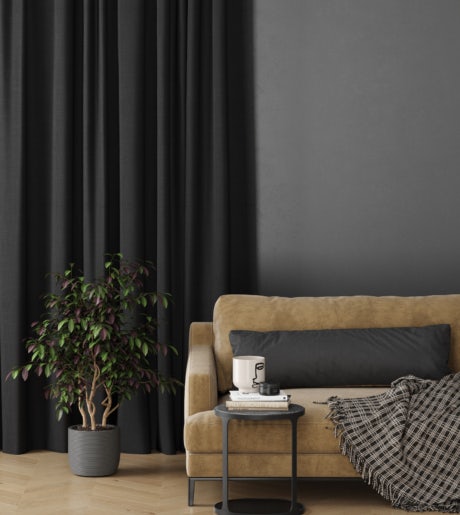 dark grey curtains in modern lounge space on grey walls
