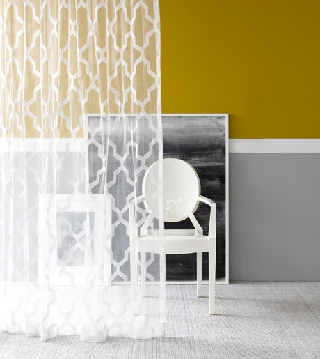 white geometric pattern sheer curtains in contemporary room on grey and yellow walls