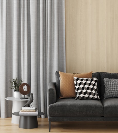 grey eco curtains in modern lounge room on light wooden walls