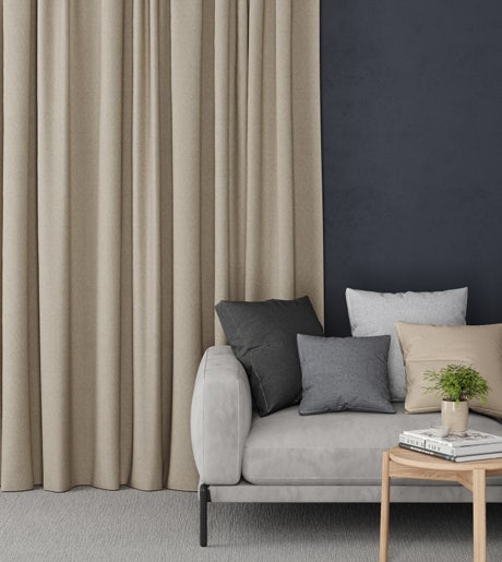 beige curtains in modern lounge room on grey walls