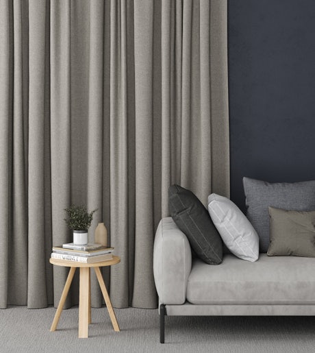 grey curtains in modern lounge room on dark charcoal grey walls