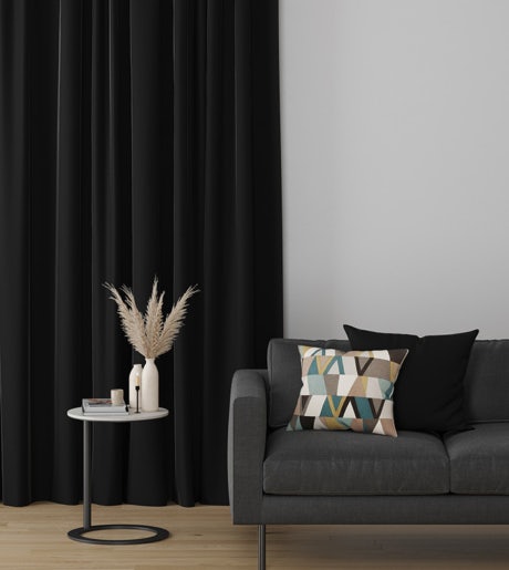 black curtains in modern lounge room on white walls