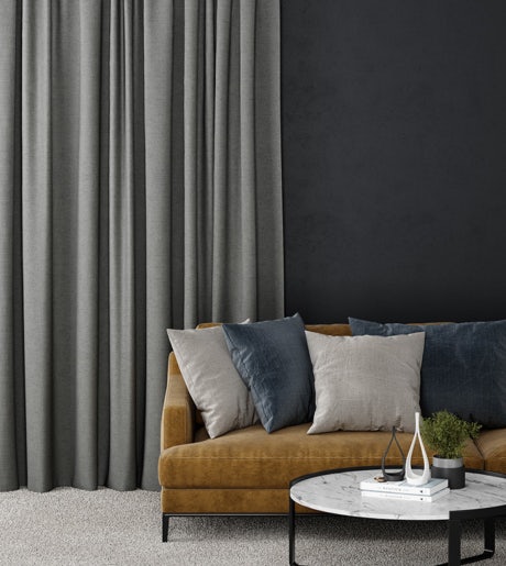 grey curtains in modern lounge room on black walls