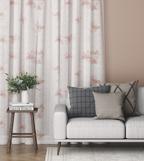 pink and white floral pattern curtains in modern lounge room on beige walls