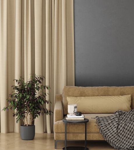 sandy beige curtains in modern lounge room on grey walls