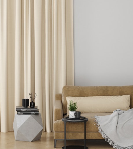 pale yellow beige curtains in modern lounge on white walls