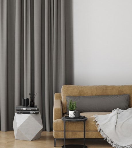 grey curtains in modern lounge room on white walls
