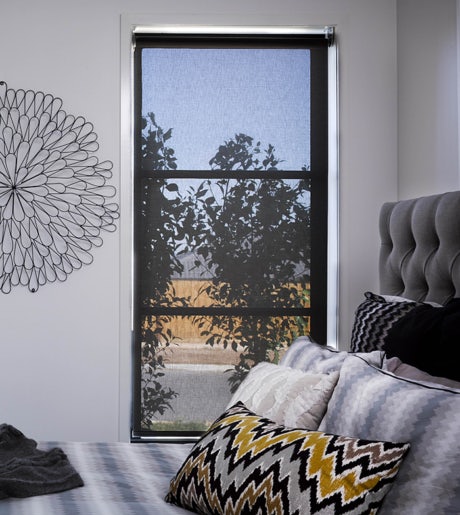 black sunscreen roller blinds in contemporary bedroom on white walls