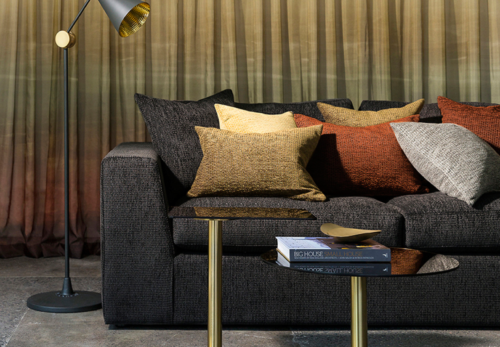 black orange gold gradient curtains in contemporary lounge room