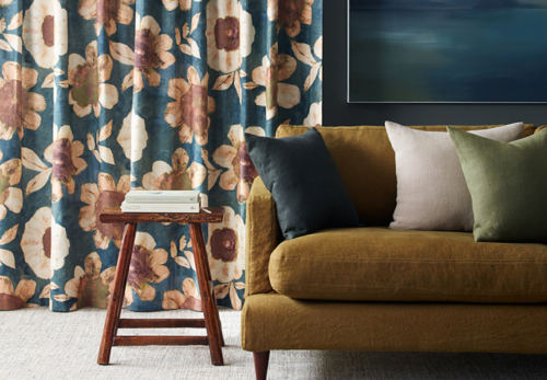 dark teal blue brown beige floral pattern curtains in contemporary lounge room on dark blue walls
