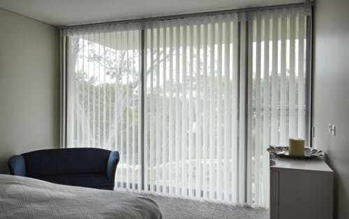 Bedroom with large window and Russells Premium Veri Shades