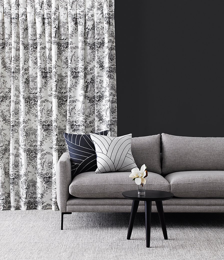 A fresh, modern curtain fabric in a neutral riverstone tone