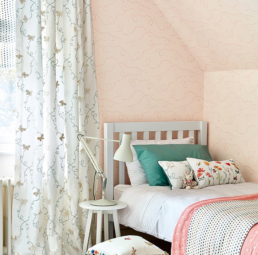 Whimsical illustrated curtain fabric for a children's nursery