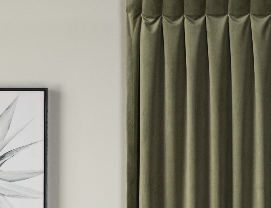 Olive-green s-fold curtains showing the folded heading detail.