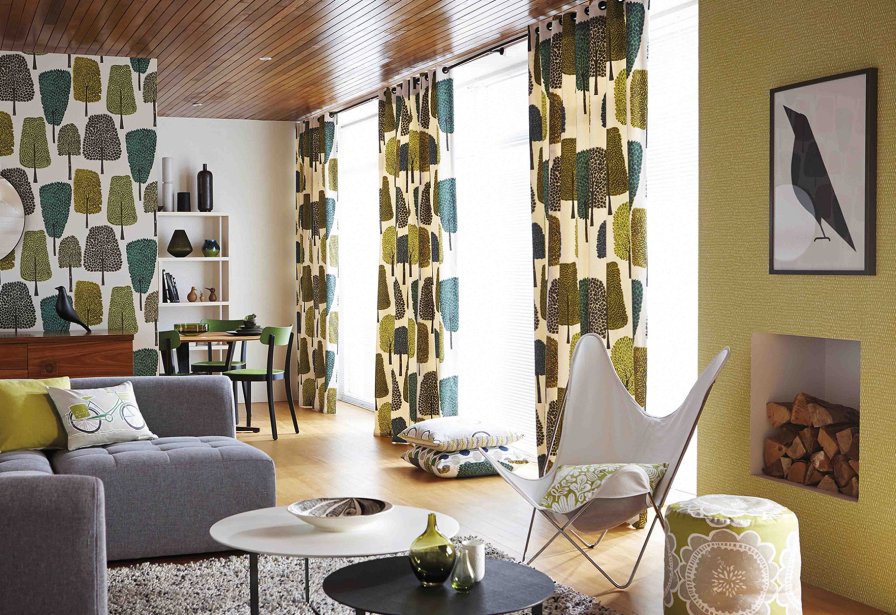 Patterned statement curtain fabric to zone an open-plan room