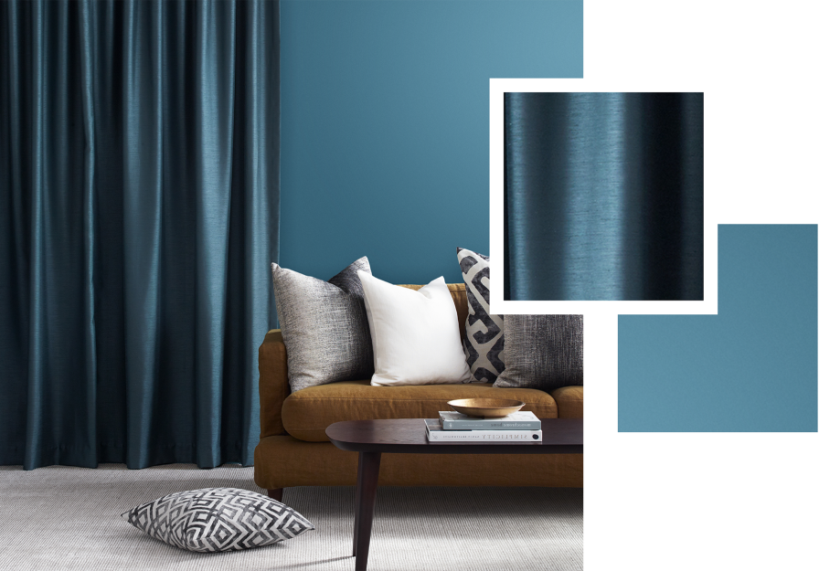 Mood board pairing deep teal pinch pleat curtains with blue wall and texture swatches.