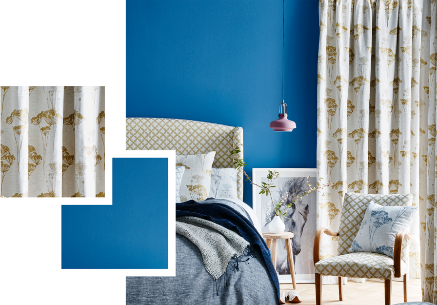 Mood board of a blue bedroom with cream patterned curtains and gold accents.
