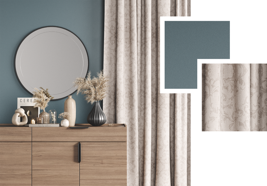 Mood board pairing a grey-blue wall with neutral beige pinch pleat curtains.
