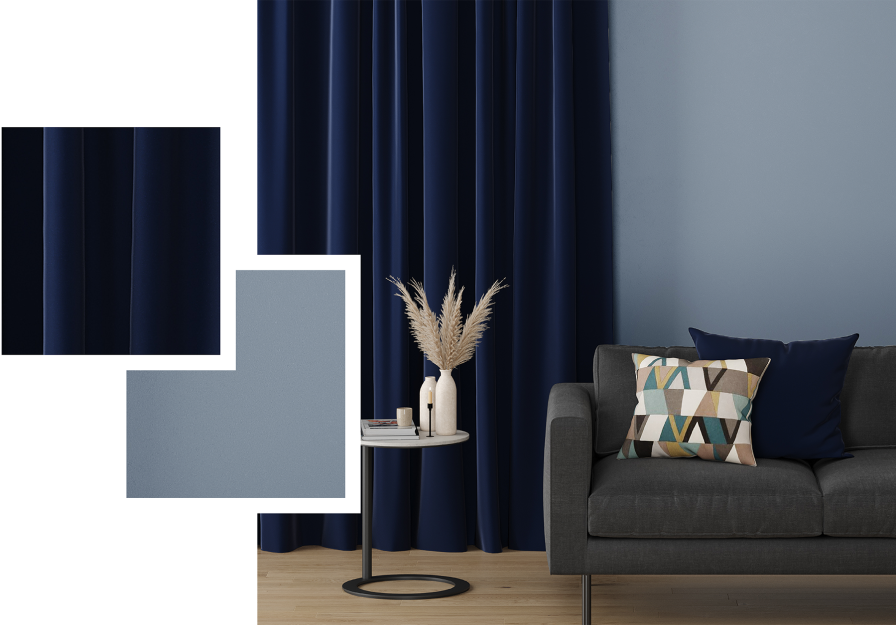 Mood board with deep navy velvet pinch pleat curtains and a blue sofa.
