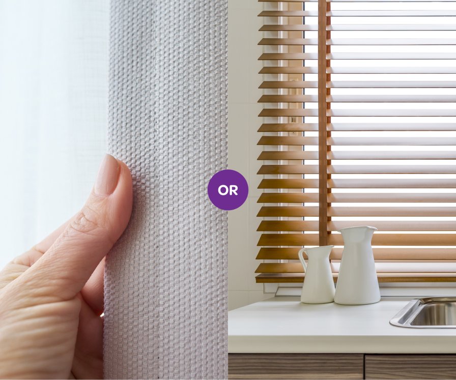 A hand touching a pale pink sheer fabric swatch beside an 
