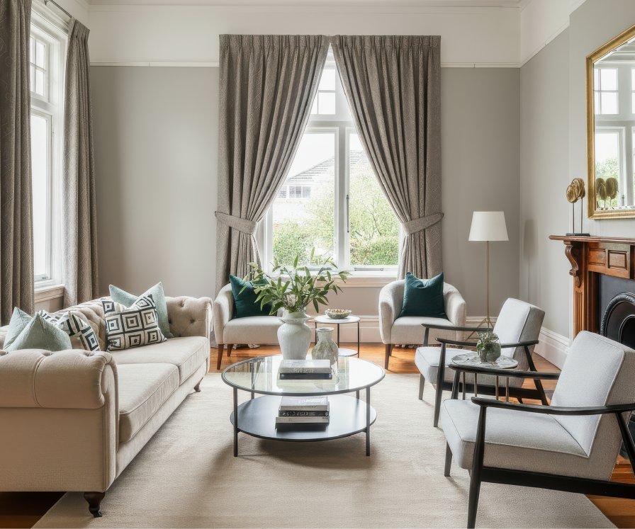 Modern sitting room with taupe curtains on a tall bay window and a beige sofa.