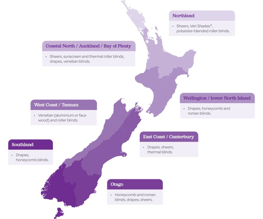 Map of New Zealand showing recommended curtains and blinds by region.