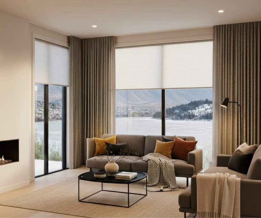 Modern kitchen-dining area with striped roman blinds and beige curtains overlooking a snowy lake.