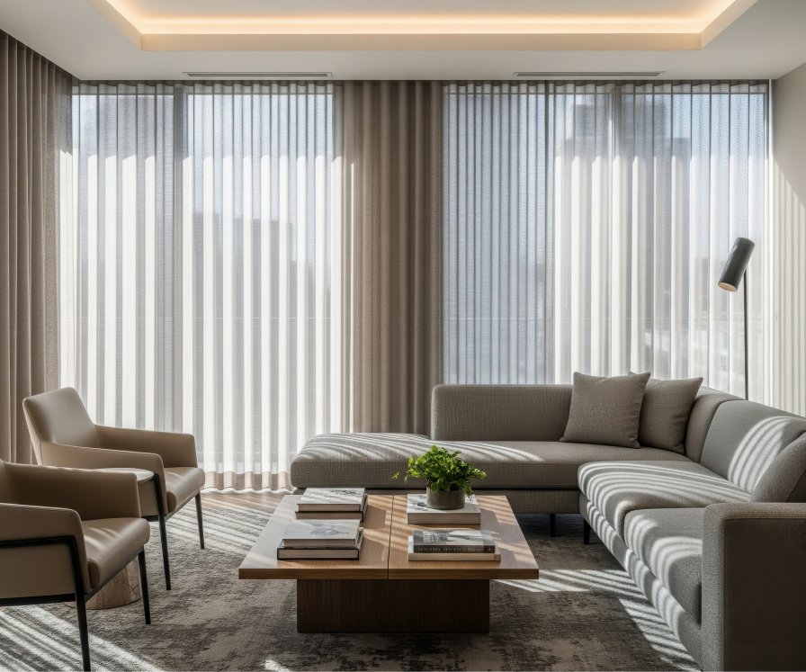 Modern living room with white and tan striped sheer curtains across glass doors.
