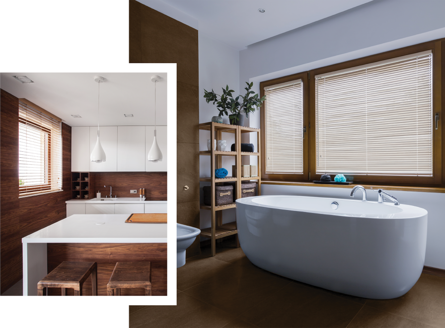 Diagram comparing faux-wood venetian blind finishes in kitchen and bathroom settings.